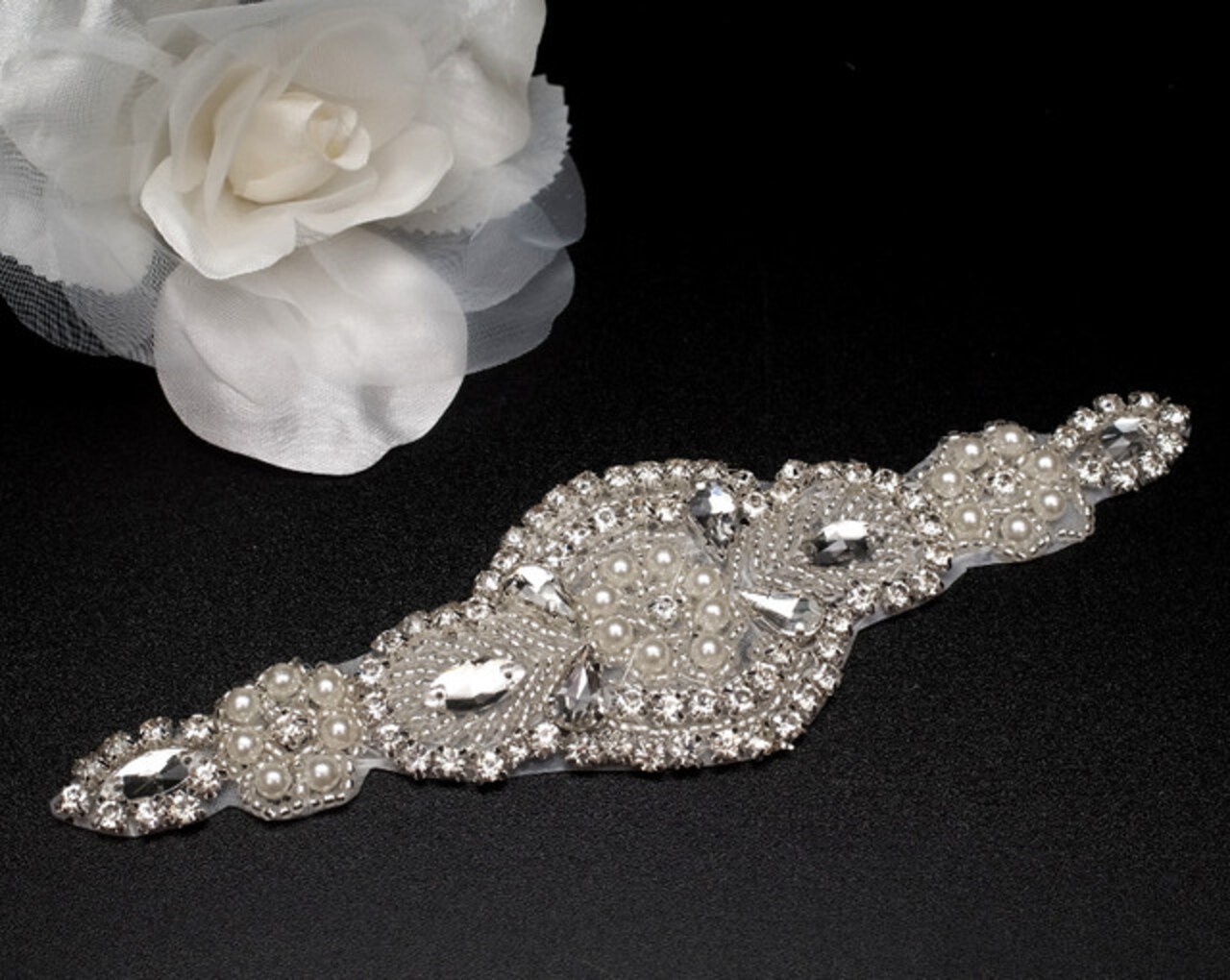 2.25" x 7.25" Silver Rhinestone Iron On Pearl Applique 5 Bridal Appliques